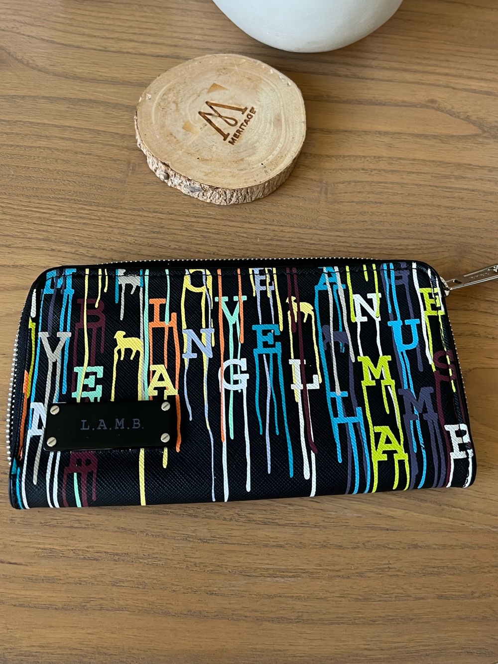 L.A.M.B. Black Multicolor Drip-Print Zip Wallet